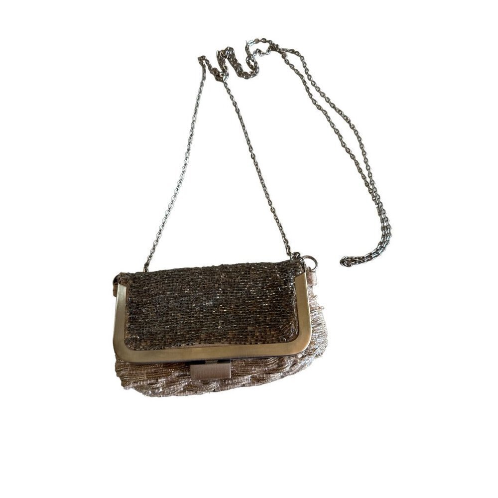 Miss Albright Beaded Formal Mini Fold Over Evening Purse Chain Strap Taupe Metal